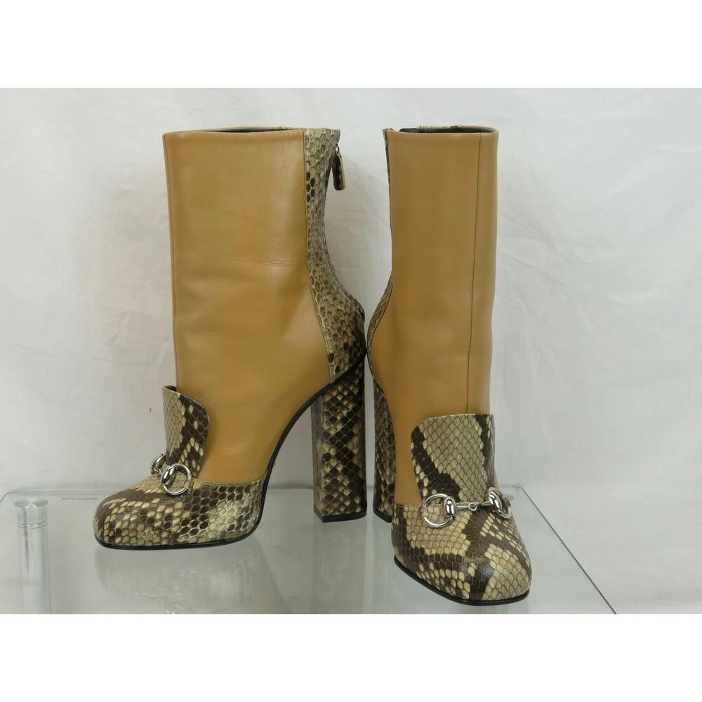 NIB GUCCI 363803 LILLIAN BEIGE PYTHON BROWN HORSEBIT ANKLE BOOTS 37.5 ITALY - Picture 4 of 9